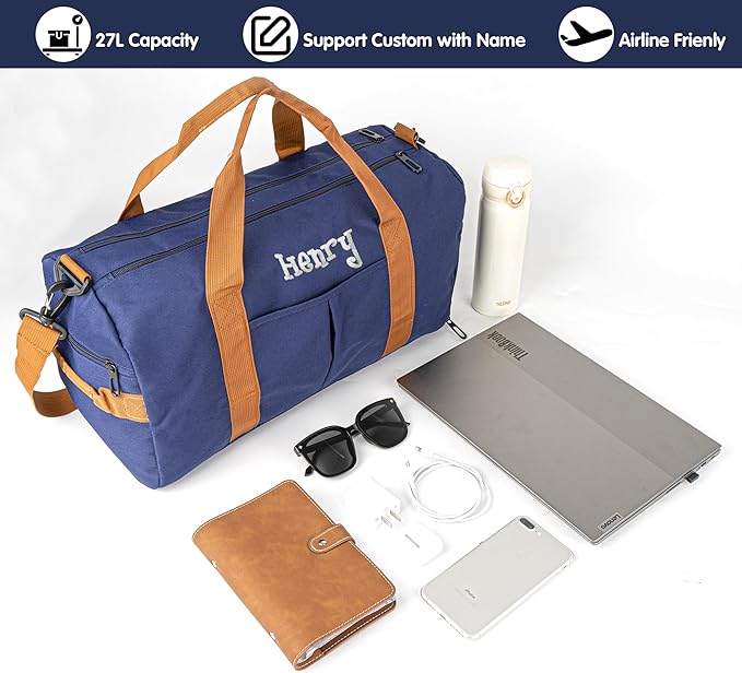 Duffle Bag for Men Personalized Overnight Bags Travel Bag with Durable Canvas Weekender Overnight Bag with Shoe Compartment Custom Groomsmen Gift for Travel Gym Storage Camping Moving (Blue)
