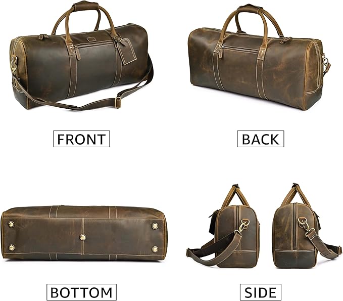 Leather Village Premium Leather Duffel Bags for Men & Women-Stylish Travel Weekender Carry-On Sports Gym Overnight Luggage Bag - 24 Inch - Olive/Army Green