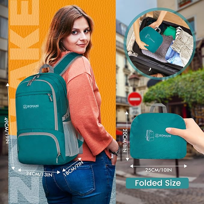 ZOMAKE Lightweight Packable Backpack 30L, Foldable Hiking Backpacks Water Resistant Compact Folding Daypack for Travel(Lake Green)