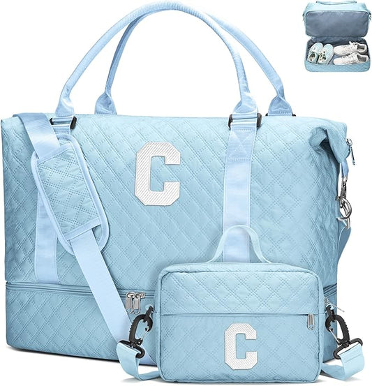 WOOMADA Initial Duffle Bag with Shoe Compartment,Personalized Weekender Bag, Overnight Bag for Women Girls, Gym Bag with Toiletry Bag