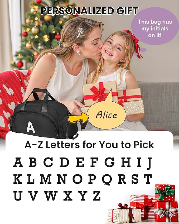 Sweet 16 Gifts for Girls, Initial Gym Bags with Shoe Compartment, Dance Bag for Girls, Monogram Kid Overnight Bags, Travel Duffle Tote-Perfect for Volleyball Sport Gymnastics (Letter T)