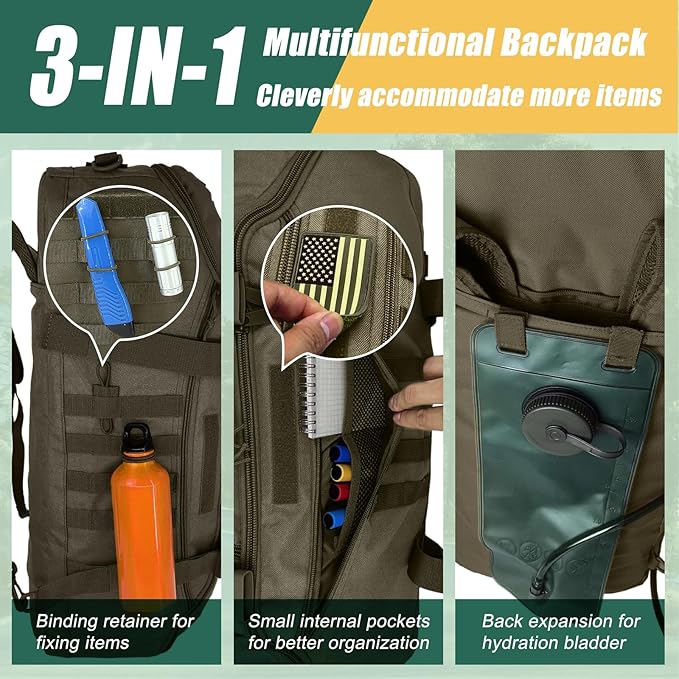 55L Large Travel Gym Duffle Bag Military Tactical Backpack, Army Pack 3 Day Bug Out Bag Rucksack for Outdoor Sport Hiking Camping with Molle System, Olive