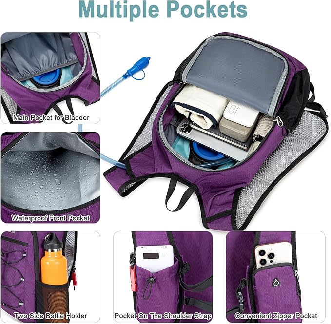 BOVIP Lightweight Hydration Back,15L Multipurpose Hiking Backpack with 1.5L Water Bladder ,Hydro Water Daypack for Cycling Hiking Rave for Men Women