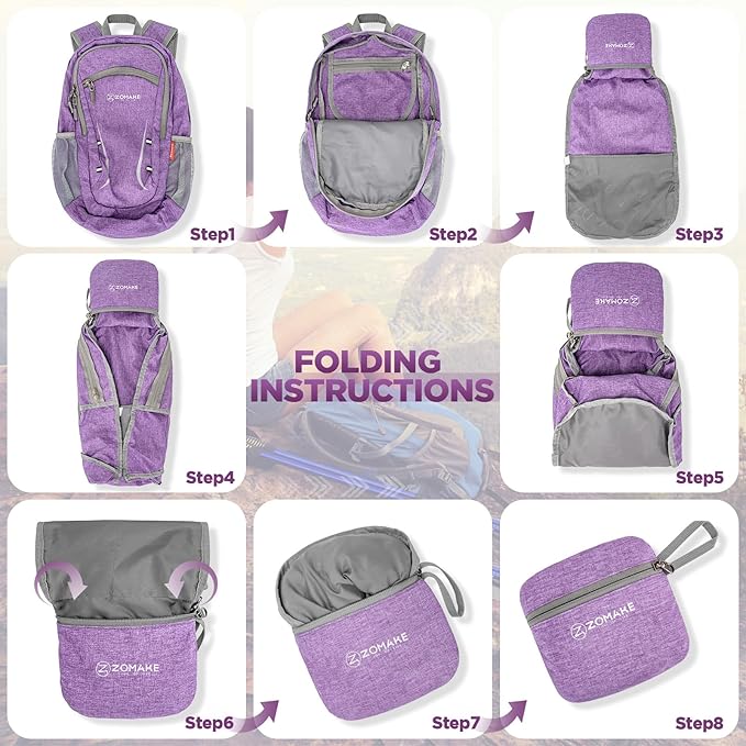 ZOMAKE Ultra Lightweight Packable Backpack 20L,Small Foldable Backpacks Hiking Water Resistant Collapsible Daypack for Women Men(Light Purple-A2)