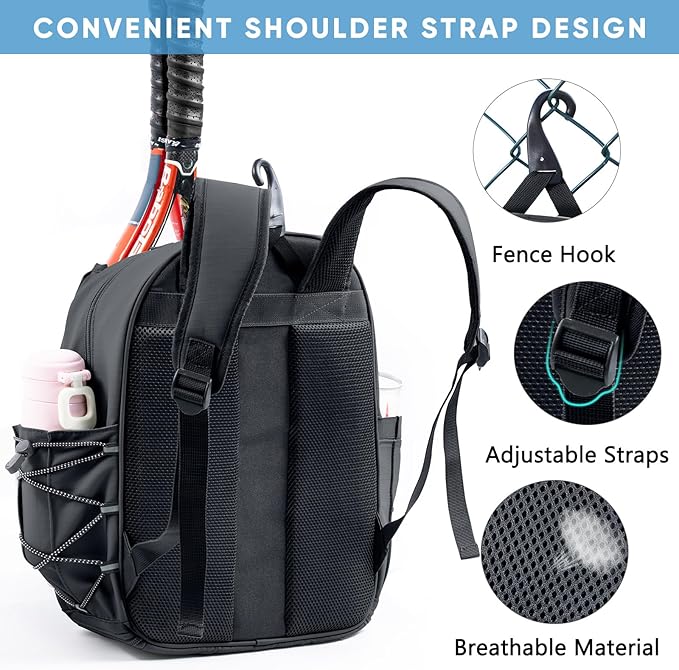 Tennis Backpack with 2 Rackets Holder, Water-Resistant PU Leather Tennis Racket Bag for Women & Men, Sling Crossbody Sports Backpack for Tennis, Pickleball & Badminton, Tennis Gifts