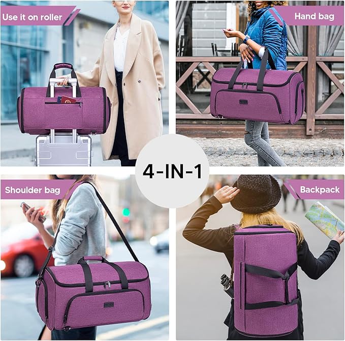 Convertible Garment Bag with Shoulder Strap, 58L capacity Garment Duffle Bags for Travel 4 in 1 Foldable Carry on Garment Bags Suit Bag with Shoes Compartment Garment Bag for Men Women,Purple