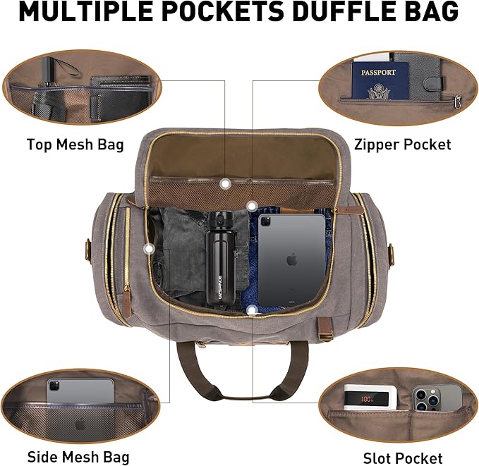 Vintage Canvas Duffle Bag, 50L Genuine Leather Travel Duffel Backpack Multifunctional Overnight Weekender Bag with Shoes Compartment Men (Grey)