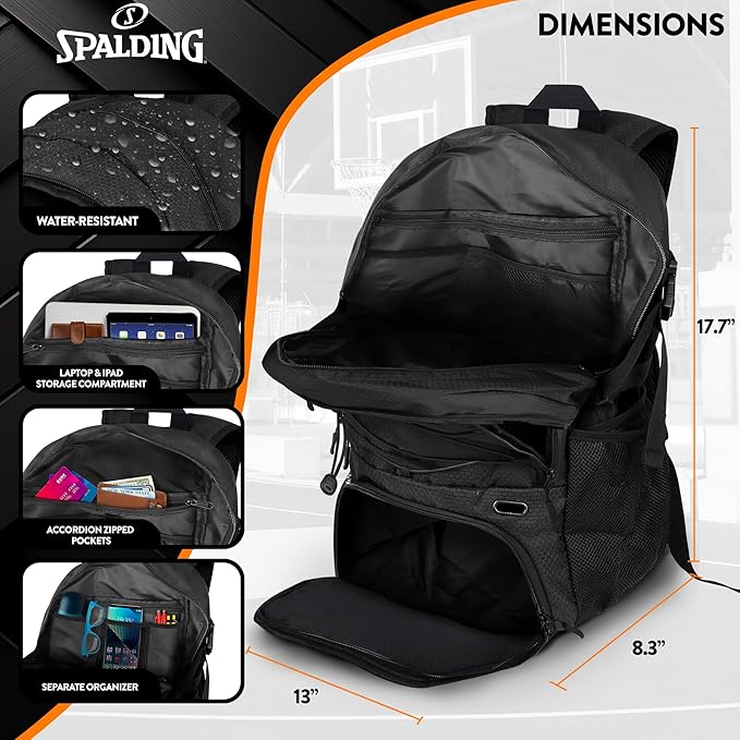 Spalding Basketball Backpack Sports Bag | Large Black Backpack with Shoe and Ball Compartment | Gifts for Basketball Players
