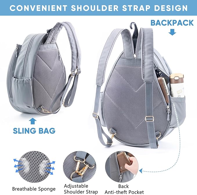 Tennis Backpack with 2 Rackets Holder, Water-Resistant PU Leather Tennis Racket Bag for Women & Men, Sling Crossbody Sports Backpack for Tennis, Pickleball & Badminton, Tennis Gifts