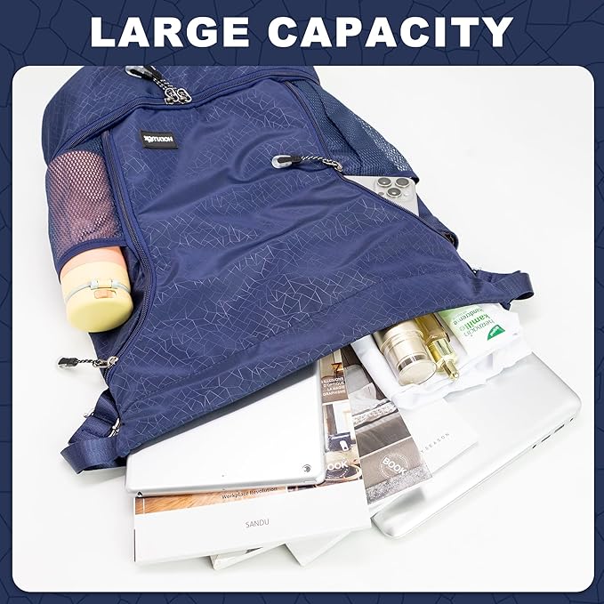 HOLYLUCK Drawstring Backpack with Shoe Compartment, Gym Bag Backpack for Men Women, Cinch Swim Beach Bag String Sports Bag for Soccer and Basketball, Blue