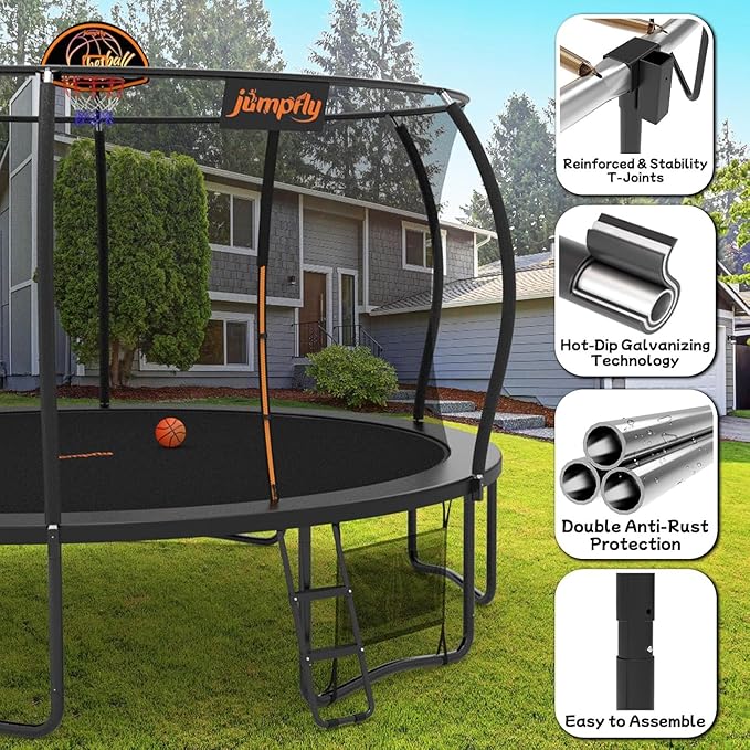 jumpfly Tranpoline 8/10/12/14/15/16FT Tranpoline Outdoor for Kids and Adults Recreational Tranpolines with Basketball Hoop, Anti-Rust Ladder, ASTM Approved