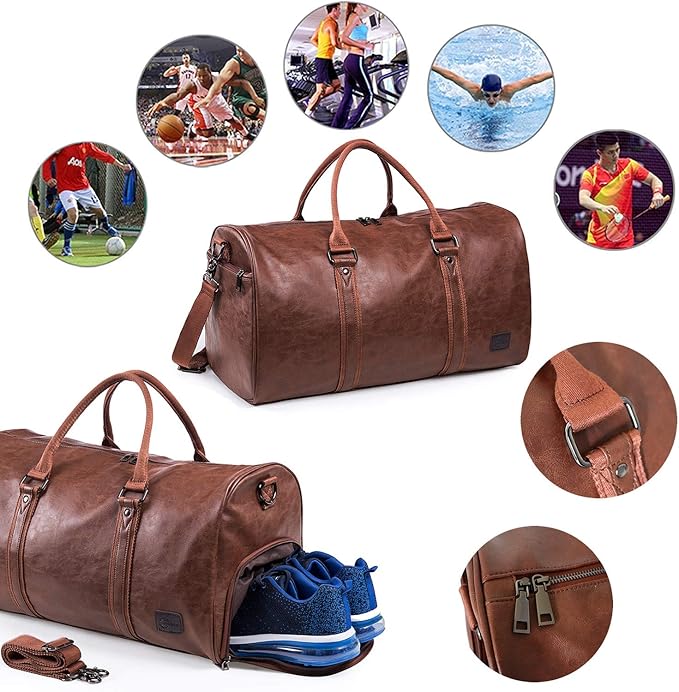 Leather Travel Bag with Shoe Pouch, Waterproof Weekender Overnight Bag,Carry On Duffel Bag for Men Women-Brown