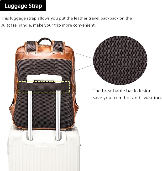 LANNSYNE Vegetable Tanned Leather Backpack For Men, 15.6" Leather Laptop Backpack Hiking Travel Bag Camping Rucksack