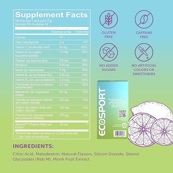 Lily of The Desert EcoSport Instant Hydration Packets - Naturally Sweetened with Electrolytes, Vitamin C, B Vitamins & Aloe, Lemon Lime, 24 Count, 0.25 Oz Ea