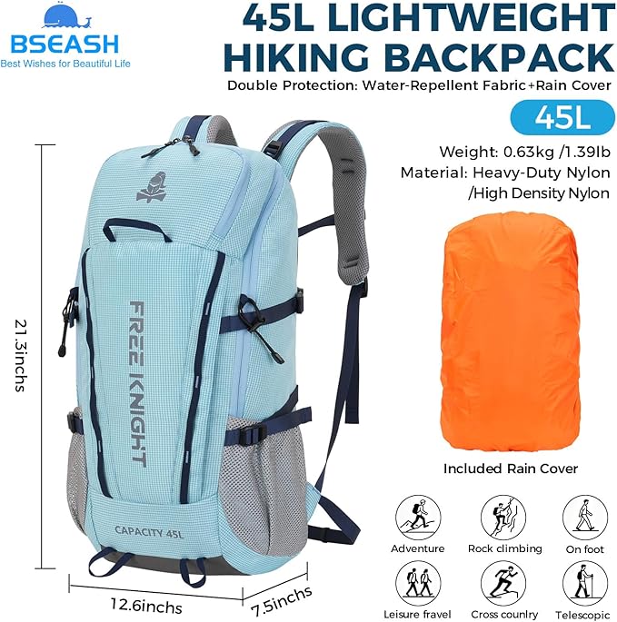 Bseash 45L Waterproof Hiking Camping Backpack with Rain Cover, Outdoor Sport Travel Bag Daypack for Climbing Skiing Cycling (Blue)
