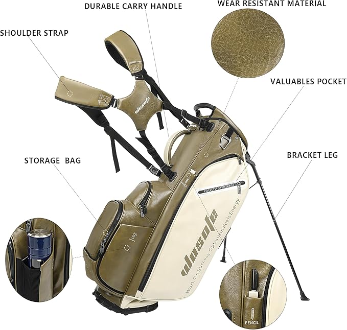 WOSOFE PU Golf Bag with 6/14 Way Top Dividers Automatically Adjustable Dual Straps Elegant Design for Men Women Pu Golf Stand Bag with Multiple Pockets