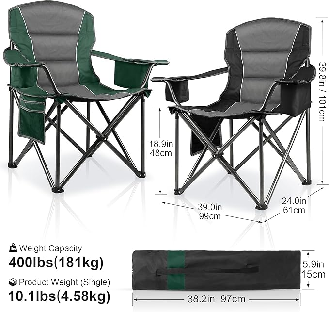 2 Pack Padded Oversized Camping Chairs for Adults,Heavy Duty Support 400 Lbs,Folding Portable Lawn Chair w/Cup Holder,Cooler Bag,Side Pocket,Perfect for Outdoor Picnic,Hiking(Black&Green)