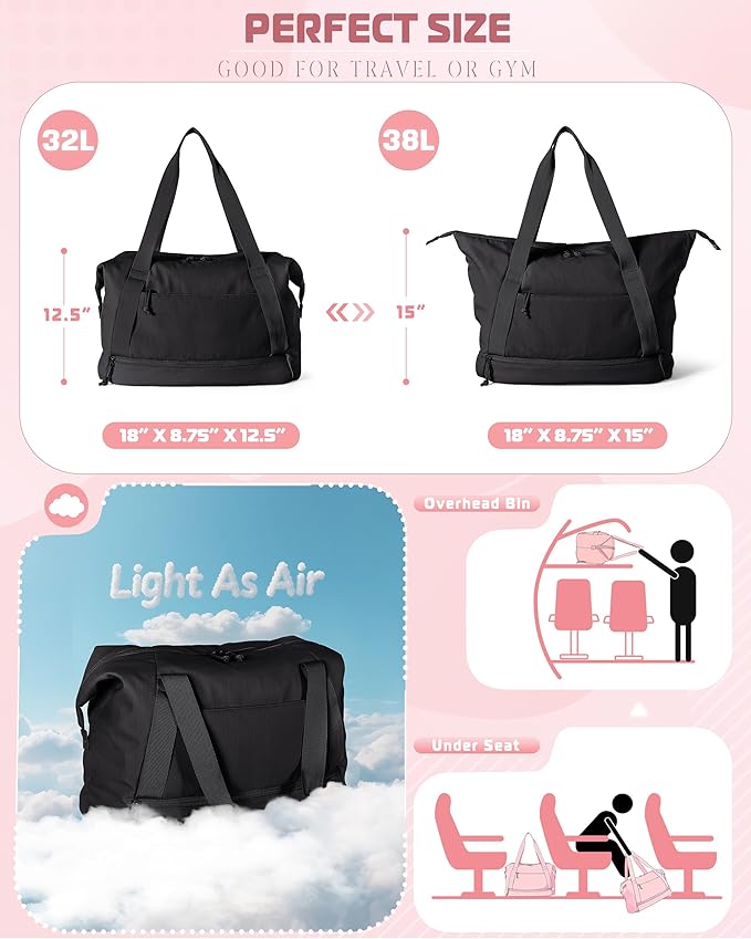 Travel Duffle Bag with Shoe Compartment and Laptop Sleeve for Women, Lightweight Weekender Duffel Bag for Travel, Gym, Hospital Labor Delivery, Black