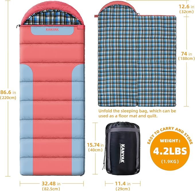Cotton Flannel Lined Sleeping Bag for Adults Teens Kids, Cold Weather &Warm, 3 Seasons, Lightweight Compact Camping Essentials Equipment, Hiking, Outdoor, Travel