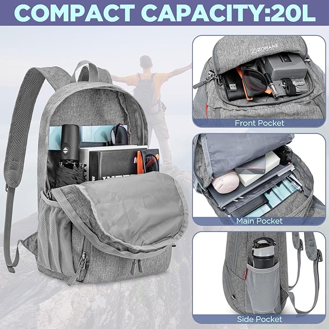 ZOMAKE Ultra Lightweight Packable Backpack 20L,Small Foldable Backpacks Hiking Water Resistant Collapsible Daypack for Women Men(Grey-B2)