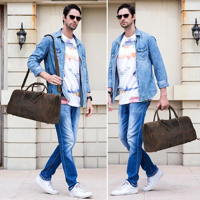 Leather Duffel Bags for Men and Women, 20 Inch Full Grain Leather Travel Overnight Weekend Bags, Dark Brown