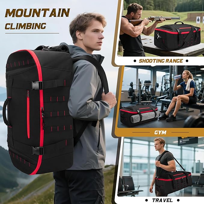 65L Tactical Duffle Bag Gym Bag with Backpack Straps, Wet Pocket and Detachable Dividers, Duffle Backpack for Travel, Sports and Military, Black