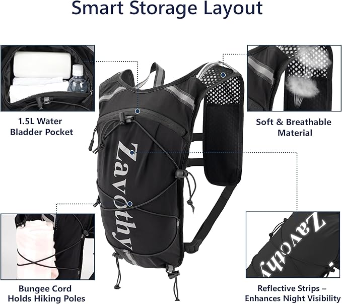 Zavothy Hydration Running Vest for Men & Women – Lightweight 1.5L Hydration Pack with Phone Pockets, Water Bottle Holders, Reflective Strips, Rain Cover – Trail Running, Cycling, Marathon