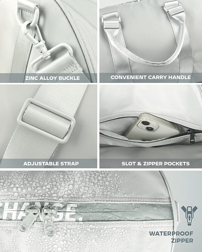 4Pcs/Set Gym Bags Swim Heavy Duty Sports Duffel Bag for Women and Men Waterproof Travel Workout Weekender Bag with 3 Accessory Bags of Wet & Dry Separation Upgrades 2.0 Sliver