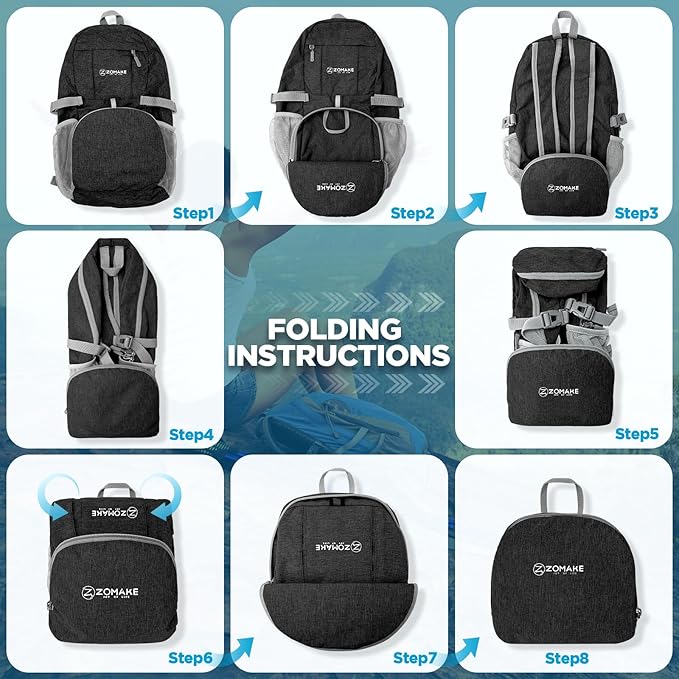 ZOMAKE Ultra Lightweight Packable Backpack 25L,Small Foldable Backpacks Hiking Water Resistant Collapsible Daypack for Women Men(Black-B3)