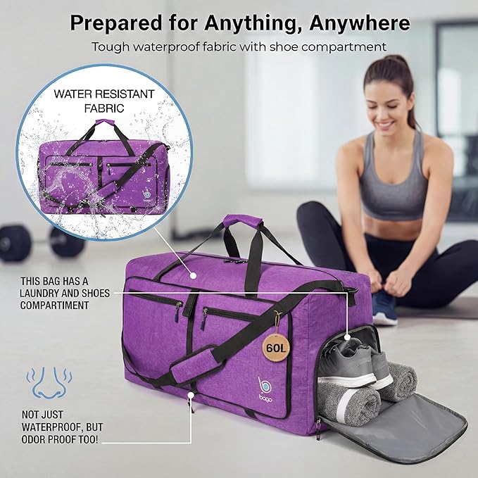 Bago Foldable Duffel Bags for Traveling Women & Men - 60L Medium Packable Duffle Bag for Travel with Shoe Compartment - Water Repellant, Heavy Duty, Lightweight Folding & Collapsible (SnowDepPurple)