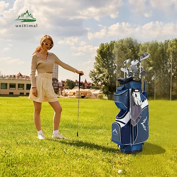 UNIHIMAL 14-Way Golf Cart Bag with Full Length Divider, Premium PU Leather Golf Bag with Plush Top, Magnetic Pocket and Rain Cover for Men