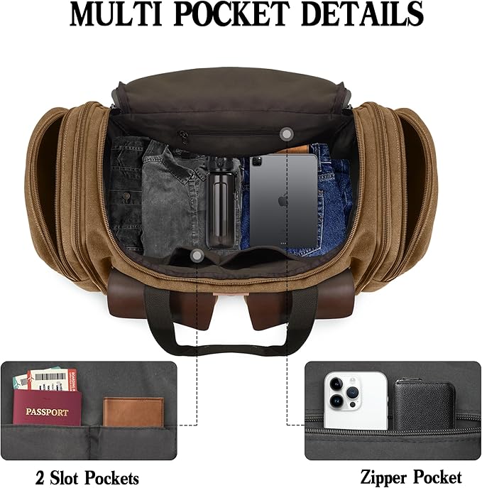 Canvas Duffle Bag for Men 50L Travel Duffel Bags Expandable Genuine Leather Duffel Overnight Weekender Carry On Bag Two Zipper Pockets Travel Bag (Coffee, Large-50L)