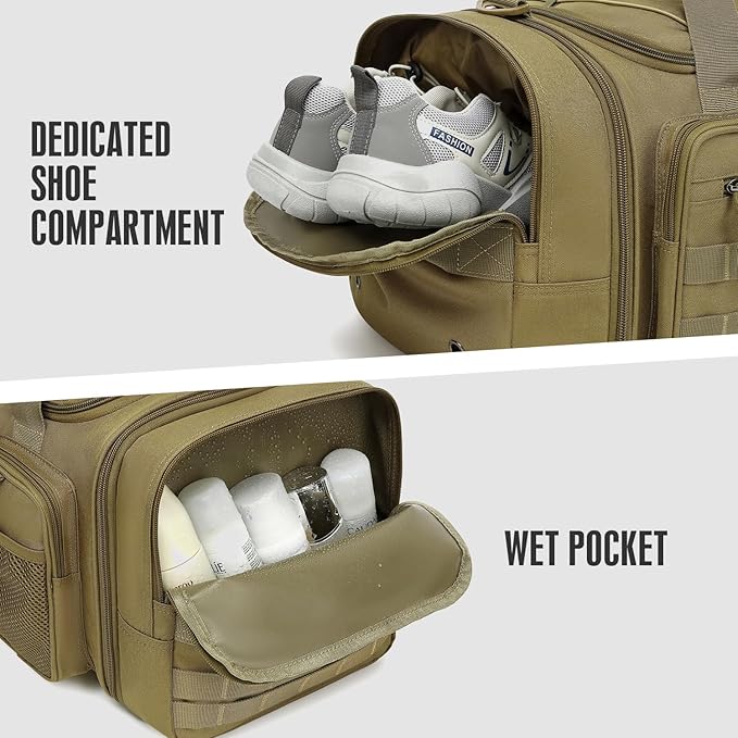 3 in 1 Tactical Gym Bag Backpack for Men 50-55L Expandable Travel Duffle Bag for Women Military Sport Duffel Bags Weekend Overnight with Shoe Compartment & Wet Pocket for Fitness, Brown