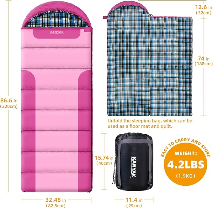 Cotton Flannel Lined Sleeping Bag for Adults Teens Kids, Cold Weather &Warm, 3 Seasons, Lightweight Compact Camping Essentials Equipment, Hiking, Outdoor, Travel