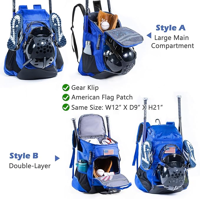 | Baseball Bag Softball Bat Bag, Double-layer Baseball Backpack Adult with Gear Klip To Hold Baseball Glove, Baseball Essential Gear, Youth Baseball Bag for Boys, Girls, Baseball Accessories