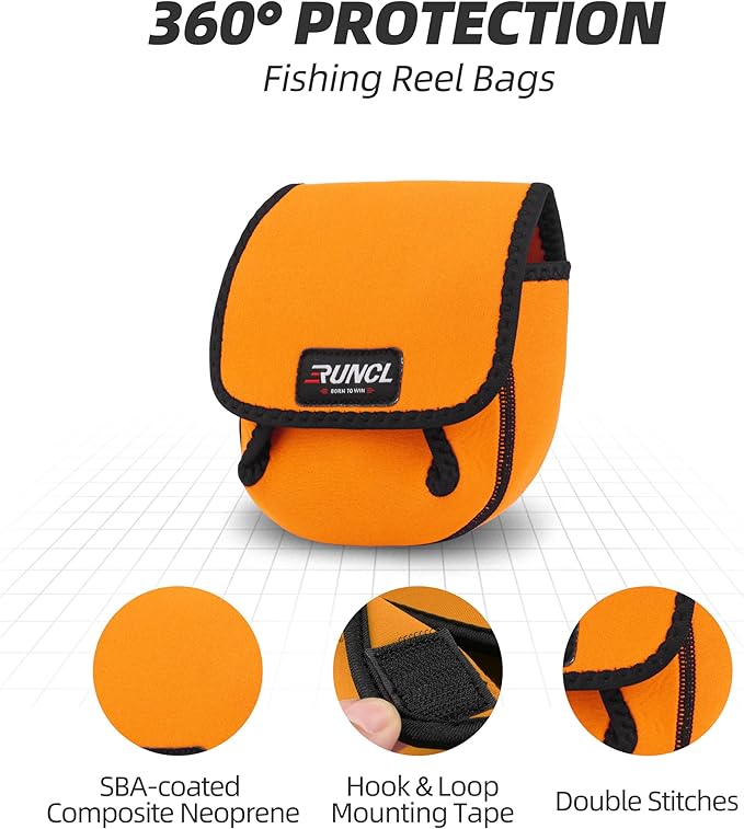 RUNCL Spinning Reel Bag – Protective Storage Pouch for Baitcasting Reels & Spinning Reels, Lightweight & Durable, Ideal for Freshwater & Saltwater Fishing Trips (orange& Black)