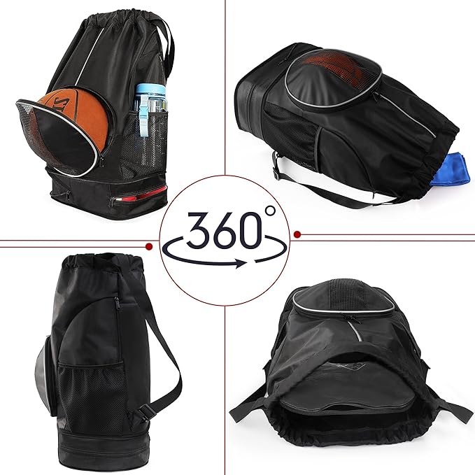 Basketball Backpack, 45 L Drawstring Sports Bag with Large Shoe Compartment and Wet Pockets for Women Men Gym Bag