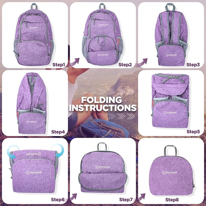 ZOMAKE Ultra Lightweight Packable Backpack 20L,Small Foldable Backpacks Hiking Water Resistant Collapsible Daypack for Women Men(Light Purple-C2)