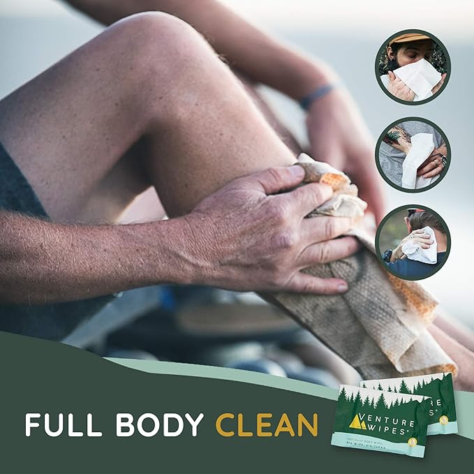 Venture Wipes Tea Tree Oil Body Wipes - Adventure Wipes for Adults - Biodegradable Cleansing With Aloe and Vitamin E - Camping Essentials - Individually Wrapped - 25 Count Bag