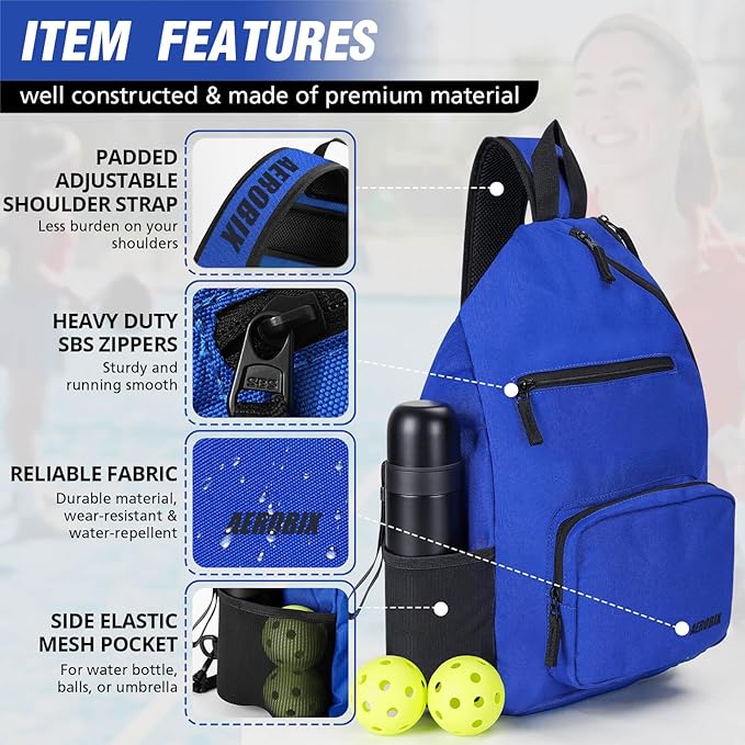 AEROBIX Pickleball Bag for Women & Men, Pickle Ball Backpack - Upgraded Zippers, Large Capacity, Padded Paddle Pocket, Adjustable Sling Bag (No Accessories)