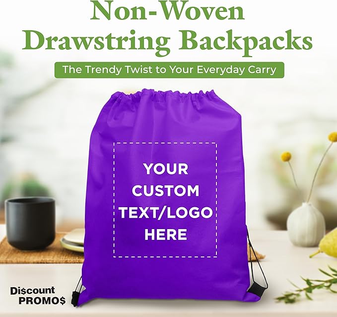 DISCOUNT PROMOS Custom Non-Woven Drawstring Backpacks Set of 10/50/100, Personalized Bulk Pack