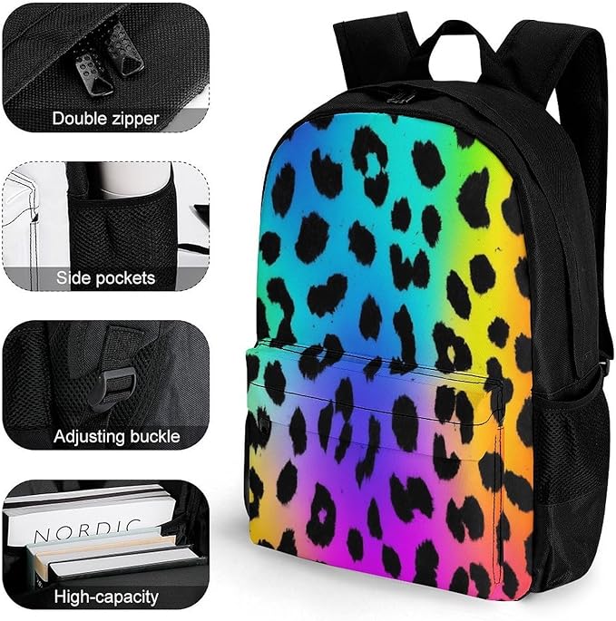 Adult Large Capacity Rainbow Colorful Cheetah Leopard Print Bags, Laptop Backpack Easy to Carry, Lightweight Bag for College Travel Work Outdoor Sports