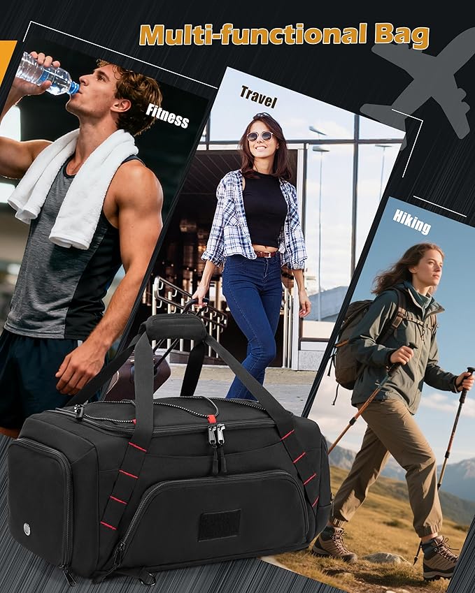 26L Gym Duffle Bag with Backpack Straps, Shoe Compartment and Wet Pocket, Small Duffle Bag for Travel and Sports, Black