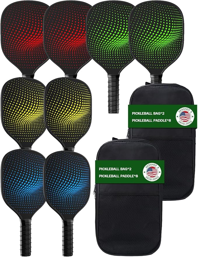 8-Pack Pickleball Paddles Set - Wooden Rackets with Fiberglass Surface & Polypropylene Honeycomb Core, Includes 2 Portable Carry Bags for Indoor/Outdoor Play