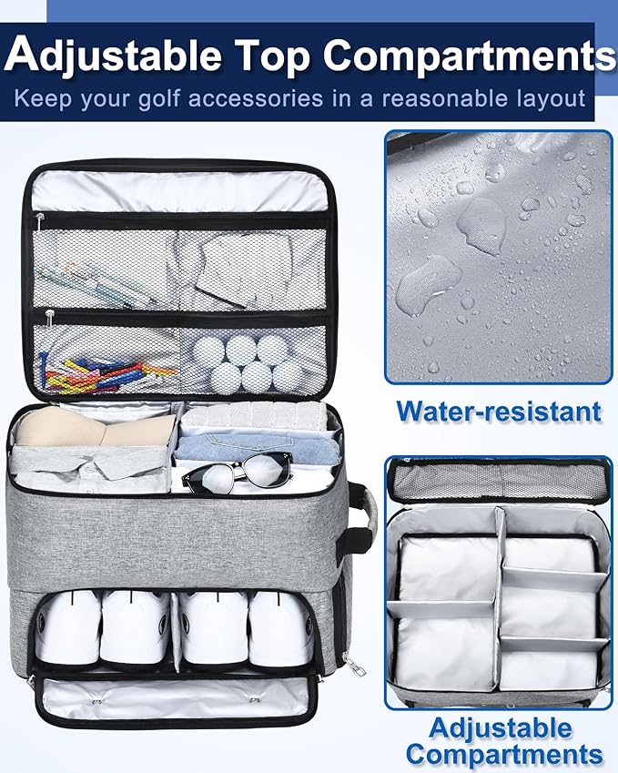 CAB55 Golf Trunk Organizer with 4 Wheels, 2 Layer Waterproof Car Golf Organizer with Separate Ventilated Compartment for 2 Pair Shoes, Golf Trunk Storage for Clothes, Accessories, Golf Gifts