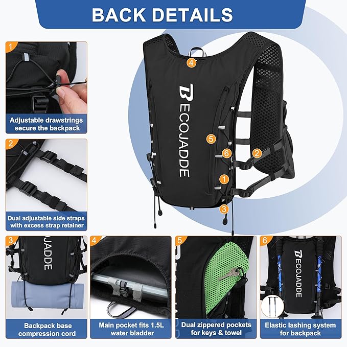 BECOJADDE Running Vest Hydration Backpack for Men Women, 5L Lightweight Running Backpack Hydration Pack for Marathon, Trail, Cycling, Hiking, Jogging