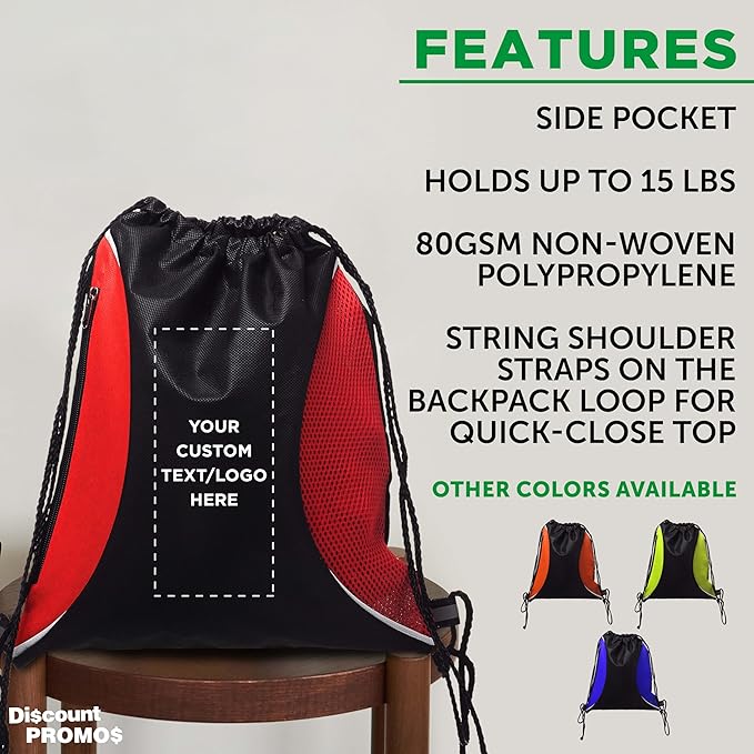 DISCOUNT PROMOS Custom Non-Woven Drawstring Backpacks Set of 10/50/100, Personalized Bulk Pack