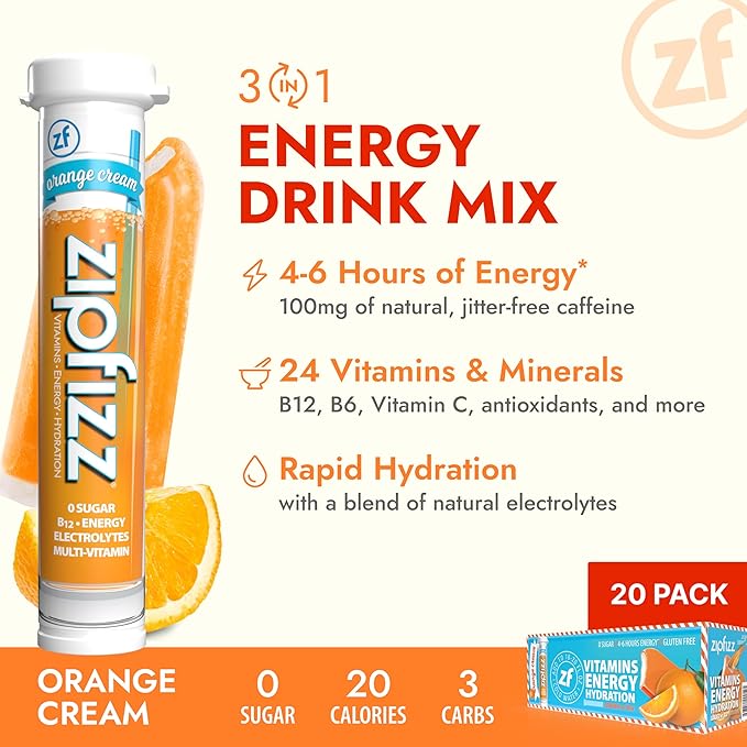 Zipfizz Daily Energy Drink Powder, Orange Cream, 20 Pack | 3-in-1 Sustained Energy, Rapid Hydration, and Essential Vitamins | Sugar-Free | Electrolyte Powder | Contains Vitamin B-12 & Antioxidants