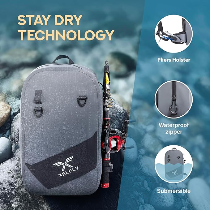 Xelfly Waterproof Fishing Sling Backpack Bag with Rod Holder, Gear Loops - Submersible Zipper, Rugged Top Handle, Adjustable Attachments (Gray)
