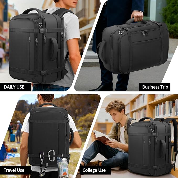 Carry On Backpack,Expandable Travel Backpack 50-60L Large Capacity with USB Cable Port Fits18.4 Inch Laptop,Water Resistant Weekender Backpack for Men Women Business College Hiking Commuting,Black